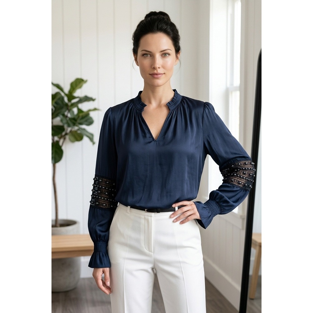 Chico's Navy Blue Studded Lace Sleeve Smocked Neck Top Size 2 US 12 Boho Neutral